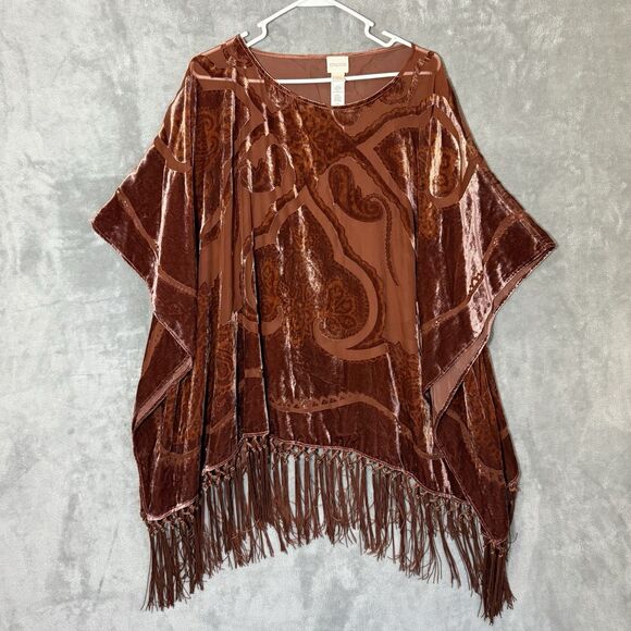 Chicos Velvet Burnout Boho Brown Fringe Poncho Tunic L/XL Fall Lagenlook - Picture 1 of 8